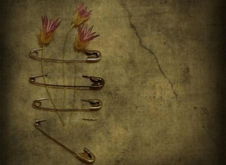 three flowers - flowers, canvas, safety pins