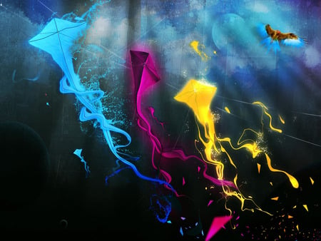 Kites - colourful, fly, kites, nice, colours, abstract, blue, colorful