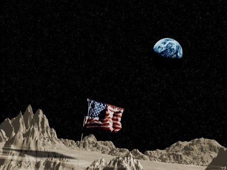 Flag on the moon - moon, earth, flag