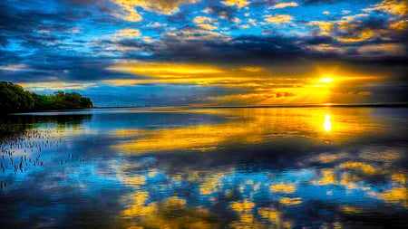 Making Wishes - clouds, trees, sunset, ray, blue, island, sea, reflection