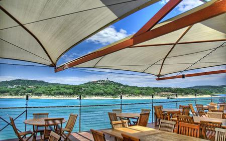 Sea View - sea view, abstract, umbrella, tables, chairs, sky