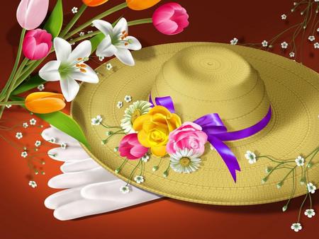 Easter Bonnet - abstract, flowers, bonnet, gloves