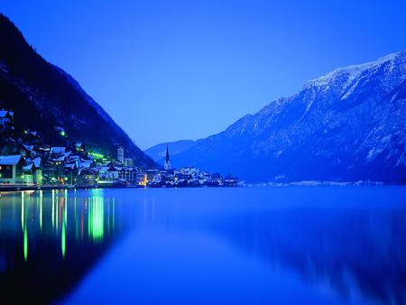 The beauty of the night - reflection, city, mountain, night, snow