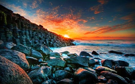 Nature Way - clouds, colorful, ray, ocean, light, wave, rocks, sky