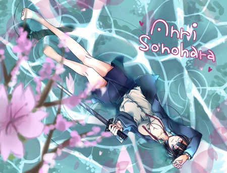 Anhri Sonohara - anime, seifuku, anhri sonohara, short hair, ribbons, skirt, water, durarara, cherry blossoms, girl, sword, petals, red eyes, glasses, black hair, barefoot, cute, sexy