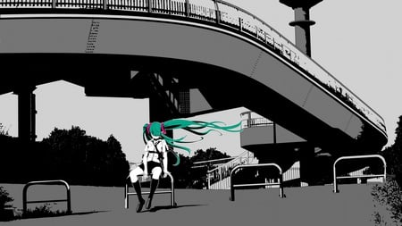 Miku in the city  - school uniform, bridge backdrop, vocaloid, female, miku