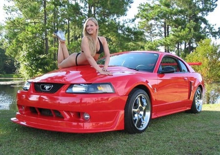 Across The Hood - babe, mustang, red, bikini