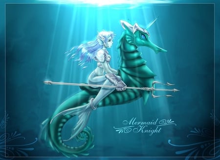 mermaid knight - sea, ocean, mermaid, sea horse