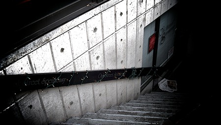 going down chrome - black, metal, silver, shadows, stairwell