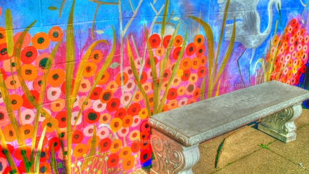 orangeflower wall - orange, mural, stone bench, blue