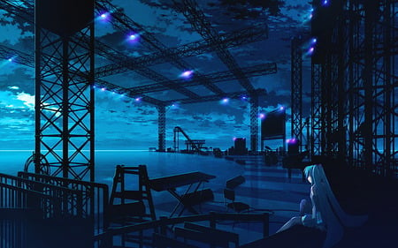 miku hatsune - pretty, vocaloid, stage, blue, beautiful, calming, cool, skies, black, miku, hatsune