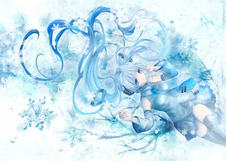 snowflakes - long hair, snowflakes, white, pretty, vocaloid, blue, beautiful, miku, dress