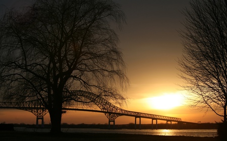 Sunset Bridge - trees, sunset, water, nature, beautiful, sunrise, tree, bridge