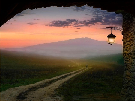 WELCOME TO THE MYSTERY WORLD - misty, path, foggy, mystery, lamp, night, mountain