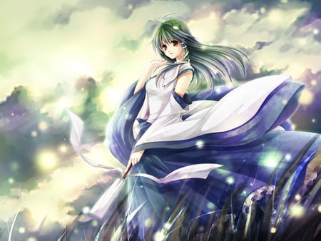 Kochiya Sanae - clouds, anime, touhou, grain, field, sky, kochiya sanae