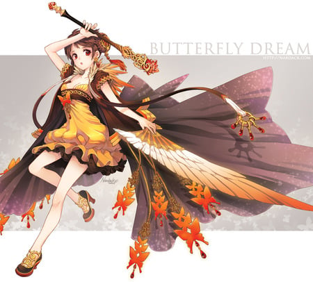 anime girl butterfly - pretty, beautiful, staff, nardack, magician, flowers, girls, colorful, autumn, butterfly, cute