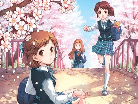 hanami - pretty, schoolgirls, hanami, blossom, cherry, beautiful, petals, pink, uniform, colorful, cute