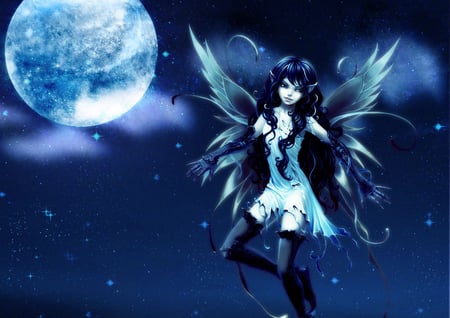 unknown beautiful fairie - moon, night, fairie, blue