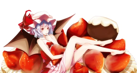 Remilia Scarlet - blush, cute, barefoot, girl, red eyes, wings, hat, remilia scarlet, food, ribbons, blue hair, touhou, short hair, anime, dress, strawberries, sexy