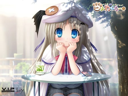 Noumi Kudryavka - anime, noumi kudryavka, kud after, girl, table, blonde hair, long hair, juice, cute, phone, little busters, blue eyes