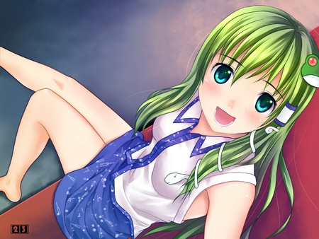 Kochiya - anime, girl, blush, green eyes, green hair, long hair, kochiya, sanae, cute, sexy