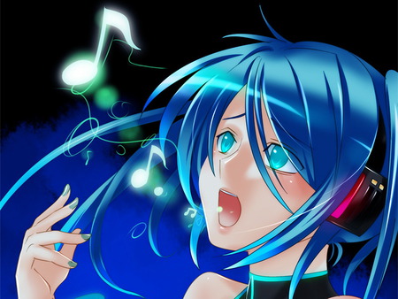 miku sounds - note, funny, hatsune, pretty, vocaloid, blue, headphones, singing, miku, cute, diva