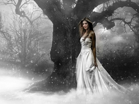 Peace On The Earth. - woman, female, girl, winter, fantasy, cg, white, art, abstract, snow, 3d, tree, dress