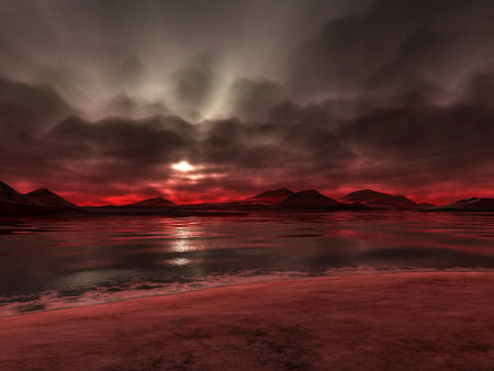 3D Red Seascape - beaches, nice, sunrises, sky, water, amazing, cool, sunsets, islands, moonlights, 3d and cg, seascape, wawes, nature, abstract, red, beautiful, pink, awesome, sea, gray