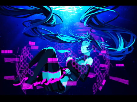 underwater - pretty, vocaloid, blue, neon, beautiful, dress, light, drowning, glowing, miku, purple, underwater, bright, cute, hatsune, sexy