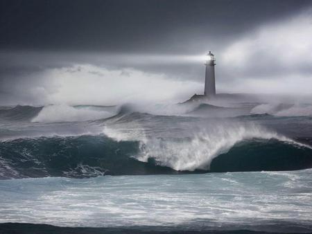 turbulent waters - ocean, lighthouse, light, foamy, wave, large waves, house, stormy, sea