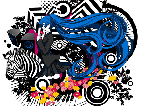 miku mono - flowers, pretty, zebra, vocaloid, blue, cute, vector arts, monochrome