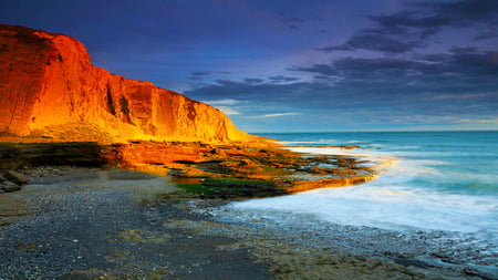 McCannon Gold By Beach - ray, beach, mountain, wave, rocks