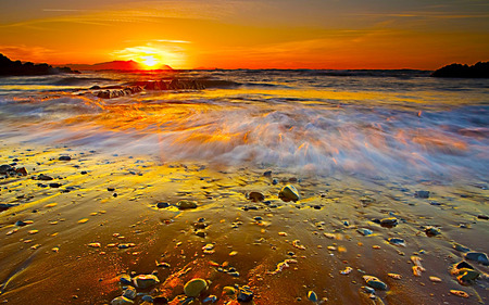 Golden Coast - sunset, ray, beach, golden, reflection, mountain, wave, rocks