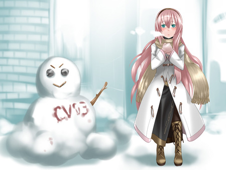 vocaloid - pretty, snowman, vocaloid, mocking, beautiful, megurine, snow, luka, christmas, white, funny, cold, cute