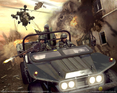 Battlefield-Bad Company - game, attack, videogame, firing, helicopter, war, battlefield, blast, action, adventure