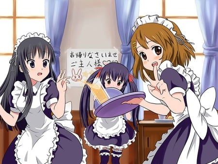 k-On! - girls, nice, ritsu tainaka, colorful, tsumugi kotobuki, pretty, beautiful, anime, yui hirasawa, serving, cute, maid, dress