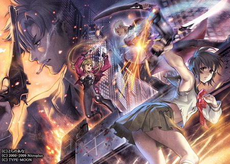 nitro plus vs type moon - girls, burning, fighting, colorful, fight, pretty, cool, beautiful, smoking, guns