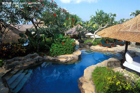 Relaxing resort - trees, water, blue, grass, steps, flowers, pool, straw, pillow, cabana, peaceful