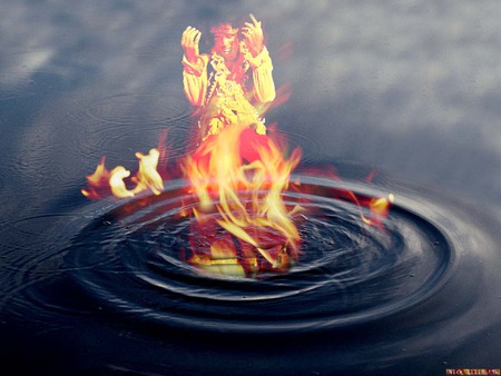 Jimi Hendrix on fire - water, fire, rings, flames, jimi, cool