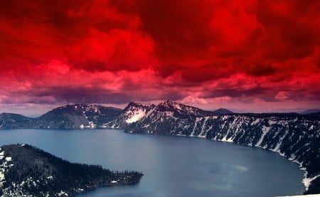 Scarlet skies - sky, lake, rocks, clouds, scarlet