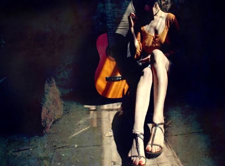 while my guitar... - girl, guitar, corner, shadows