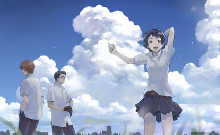 the girl that leap the time - nice, girl, leap, ball, baseball, time, leaping, cool, pretty, cloud, blue, school girls, anime, skies, cute