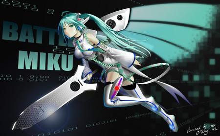 Hatsune Miku - hatsune miku, sexy, guitar, girl, twintails, blue eyes, long hair, wings, blue hair, vocaloid, anime, sword, cute