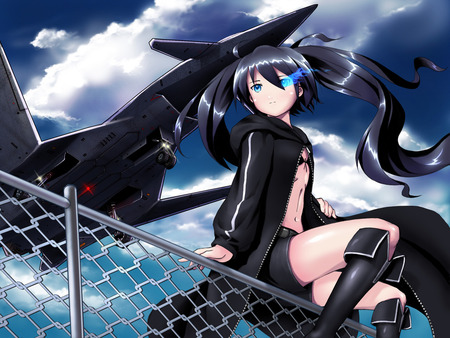 Black rock shooter - clouds, anime, twintails, girl, hatsune miku, fence, long hair, black rock shooter, black hair, cute, sexy, sky, blue eyes