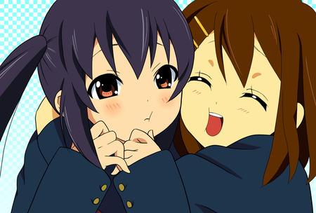 K-on! - brown eyes, anime, blush, brown hair, k-on, nakano azusa, girls, cute, purple hair, hirasawa yui