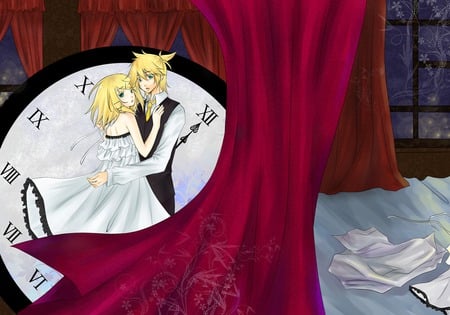 Len & Rin - anime, vocaloid, dress, girl, kagamine len, clock, blonde hair, short hair, boy, kagamine rin, cute, brothers, sexy, blue eyes