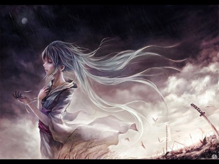 Hatsune Miku - anime, vocaloid, hatsune miku, crying, long hair, rasin, japanese clothes, blue hair, sky, blue eyes, moon, twintails, girl, sword, kimono, cute, sexy