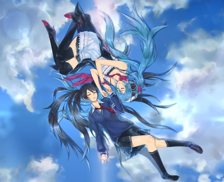 Miku & BRS - girls, hatsune miku, sky, sexy, twintails, long hair, black hair, blue hair, clouds, vocaloid, anime, cute, black rock shooter, crossover