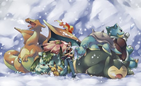 pokemon - wars, kids, pokemon, gather, snowy, team, together, children, characters, colorful, monsters, cute, sky