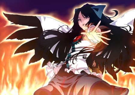 anime - anime, nuclear, female, girl, cool, black, glowing, burning, fire, wings, sexy, fusion